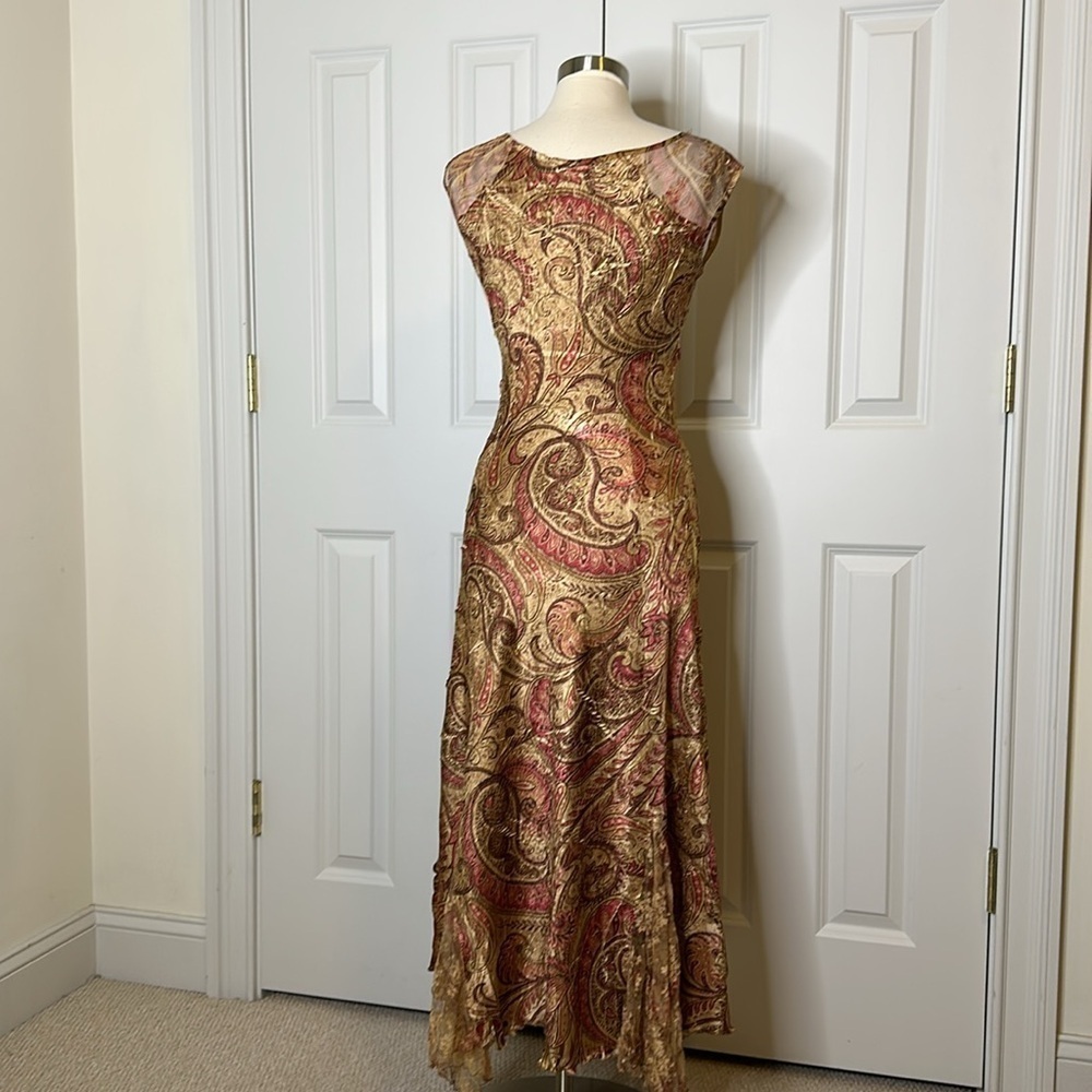 Komarov Gold Paisley Lace Detail Long Dress SzL - Picture 7 of 12